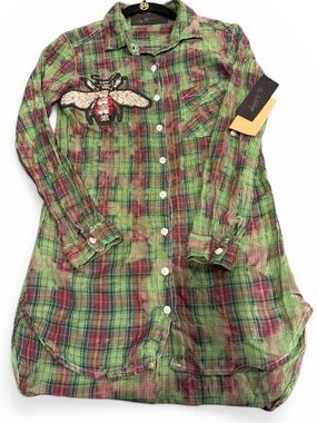 Nu Vintage Bee Embellished Green & Red Plaid Shirt Dress,  Small Cotton USA
